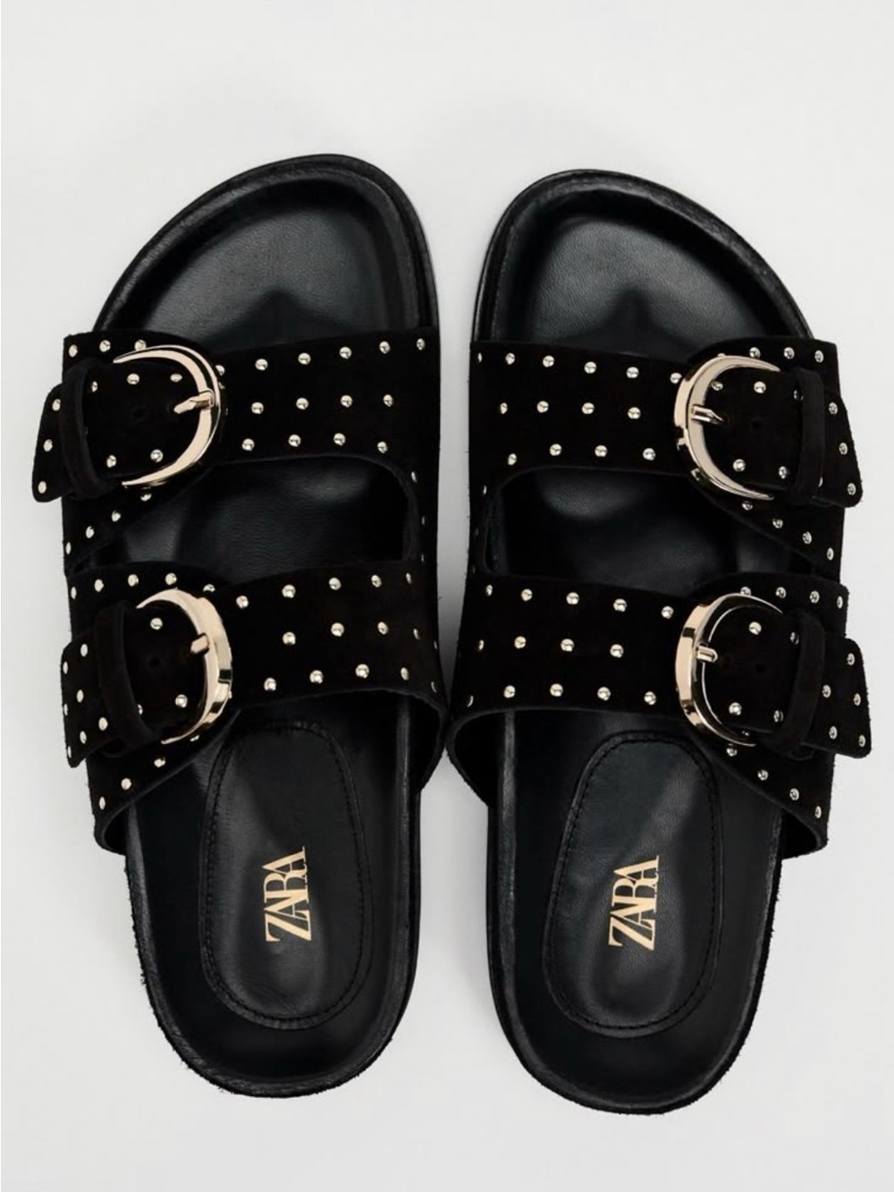 ZARA Black Studded Double-Buckle Slide Sandals with Gold Buckles